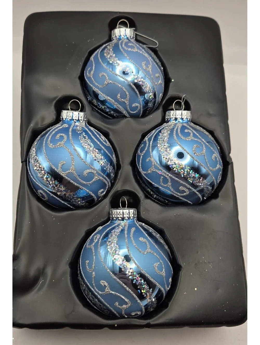 Set of 4 Blue Glass Christmas Ball Ornaments 2.5